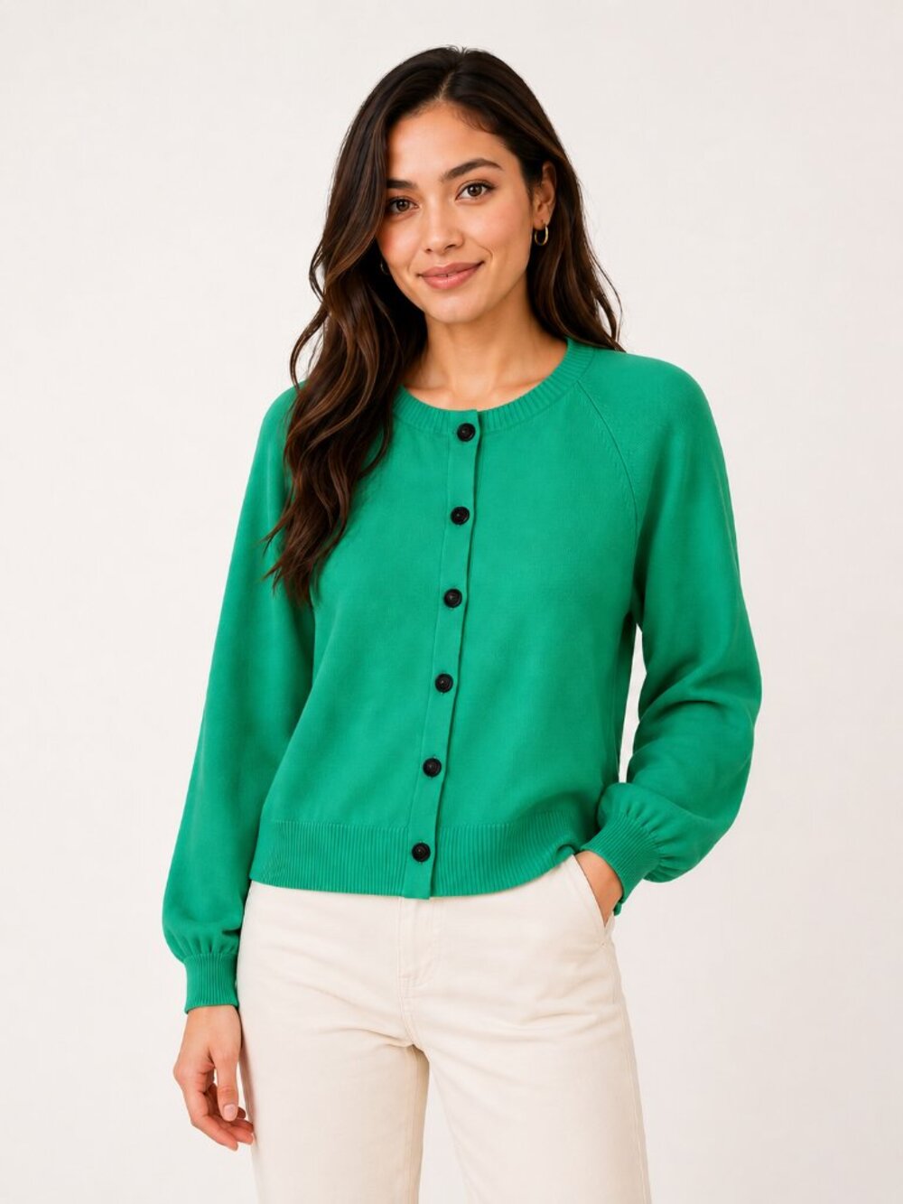 Ann Taylor Crystal Green Puff Sleeve Cardigan Black Button Front Size S New